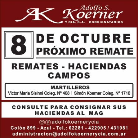 Adolfo S Koerner - Azul - Miercoles 08 de Octubre