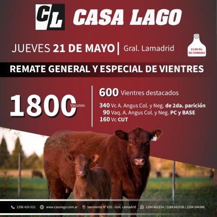 Cassa Lago - General Lamadrid - Jueves 21 de Mayo
